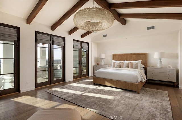 bedroom with visible vents, vaulted ceiling with beams, french doors, access to outside, and wood-type flooring