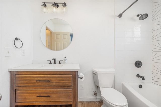 43317 Running Deer Ct, Coarsegold, CA 93614 - full bathroom featuring toilet, vanity, tub / shower combination, and wood finished floors