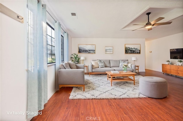 43317 Running Deer Ct, Coarsegold, CA 93614 - living room with wood finished floors, ceiling fan, and baseboards