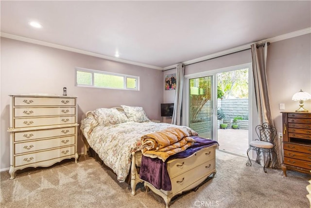 bedroom featuring light colored carpet, crown molding, multiple windows, and access to exterior
