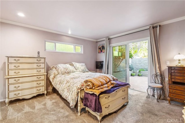 3001C Via Buena Vis Unit C, Laguna Woods, CA 92637 - bedroom with crown molding, access to outside, light colored carpet, multiple windows, and recessed lighting