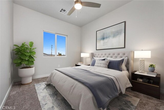 bedroom featuring ceiling fan, carpet floors, visible vents, and baseboards