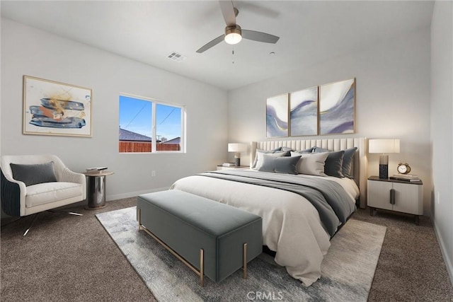 bedroom featuring a ceiling fan, carpet flooring, visible vents, and baseboards