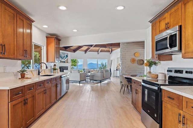 kitchen with a healthy amount of sunlight, stainless steel appliances, light wood-type flooring, and a sink