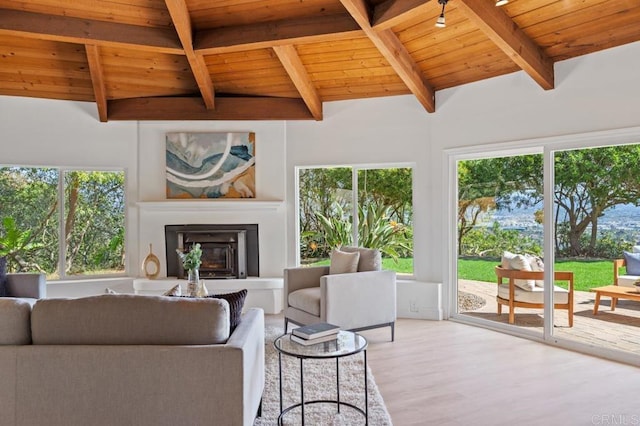 living room with a fireplace with raised hearth, wooden ceiling, lofted ceiling with beams, and wood finished floors