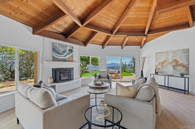 living area with wood finished floors, beam ceiling, and wooden ceiling