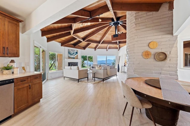 kitchen featuring light wood-style flooring, wooden ceiling, brown cabinetry, dishwasher, and vaulted ceiling with beams