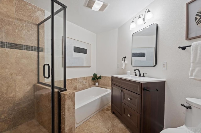 bathroom featuring visible vents, toilet, a shower stall, a bath, and vanity