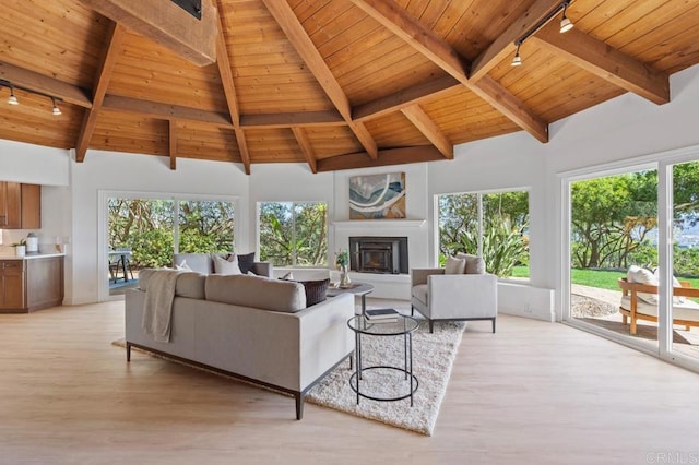 living room with wooden ceiling, light wood-style flooring, and a fireplace with raised hearth