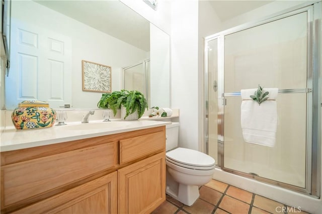 bathroom featuring vanity, toilet, a shower stall, and tile patterned flooring