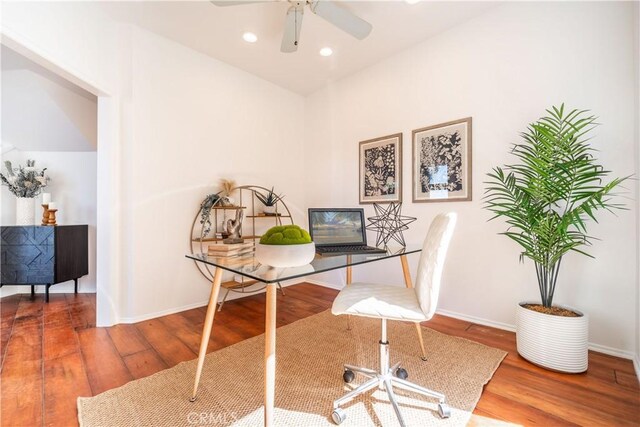 office area with recessed lighting, baseboards, and wood finished floors