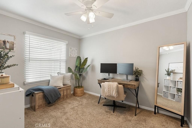 office area with baseboards, carpet, and ornamental molding