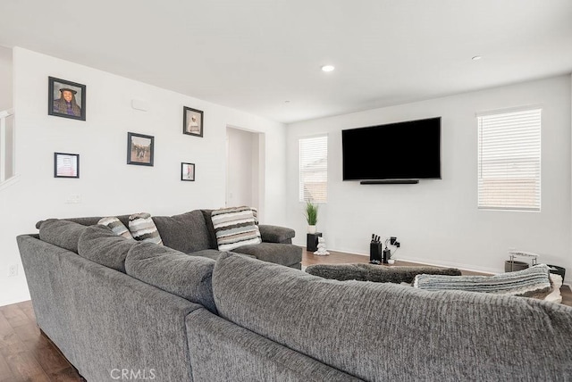 living area with dark wood-type flooring and recessed lighting