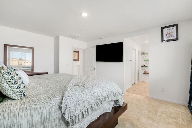 bedroom featuring recessed lighting, light colored carpet, visible vents, and baseboards