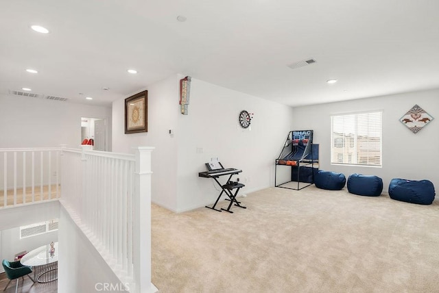 interior space featuring baseboards, carpet flooring, visible vents, and recessed lighting