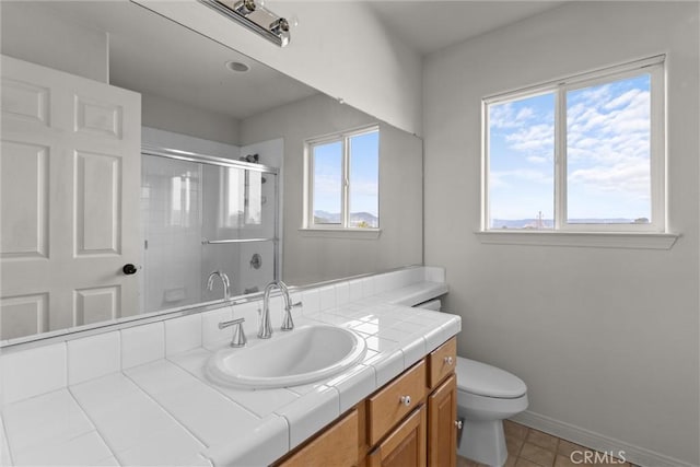 full bathroom featuring toilet, plenty of natural light, vanity, and a shower with shower door