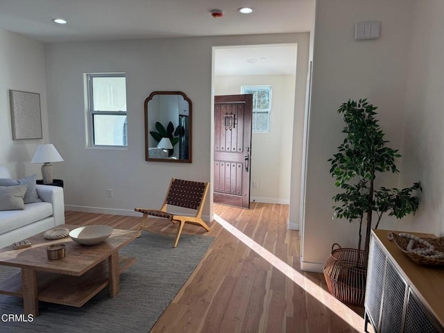 living area with baseboards, a wealth of natural light, and light wood-style floors