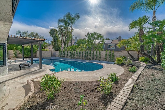 view of pool featuring a fenced in pool, a patio area, a pergola, and a fenced backyard