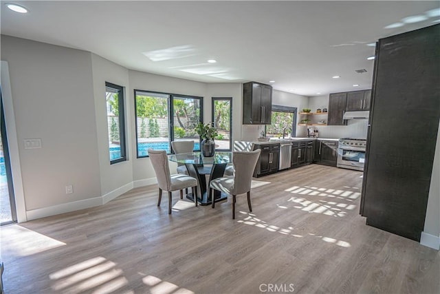 unfurnished dining area featuring baseboards, light wood-type flooring, and a sink