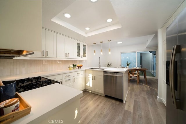 kitchen featuring appliances with stainless steel finishes, a peninsula, a tray ceiling, light wood-type flooring, and a sink