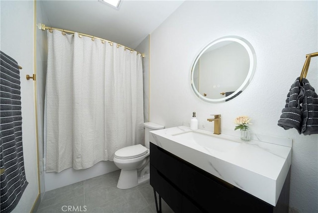 full bath with vanity, shower / bath combination with curtain, tile patterned flooring, and toilet