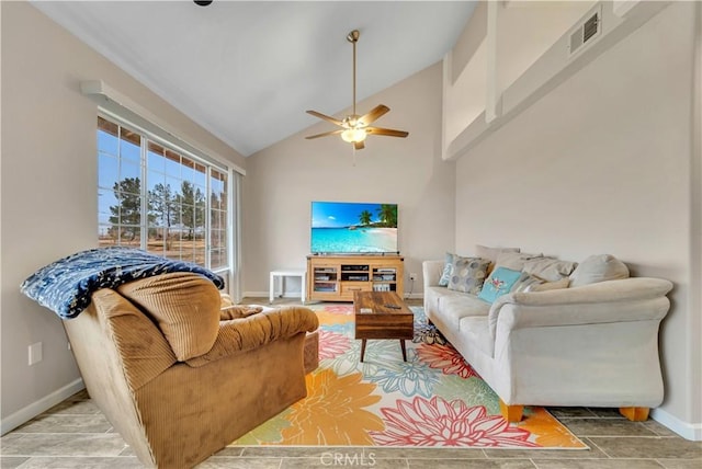 living area featuring ceiling fan, high vaulted ceiling, visible vents, and baseboards