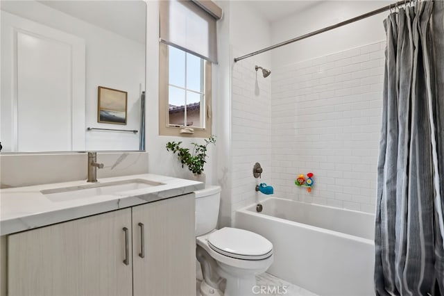 bathroom featuring shower / bathtub combination with curtain, toilet, and vanity