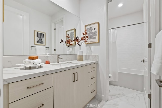 full bath featuring vanity, decorative backsplash, shower / tub combo, toilet, and marble finish floor