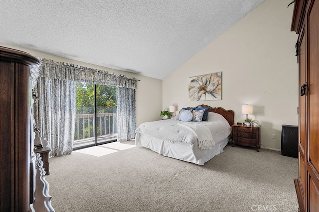 bedroom featuring light carpet, a textured ceiling, lofted ceiling, and access to outside