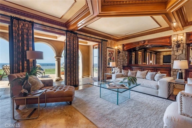 interior space featuring arched walkways, coffered ceiling, ornamental molding, ornate columns, and beam ceiling