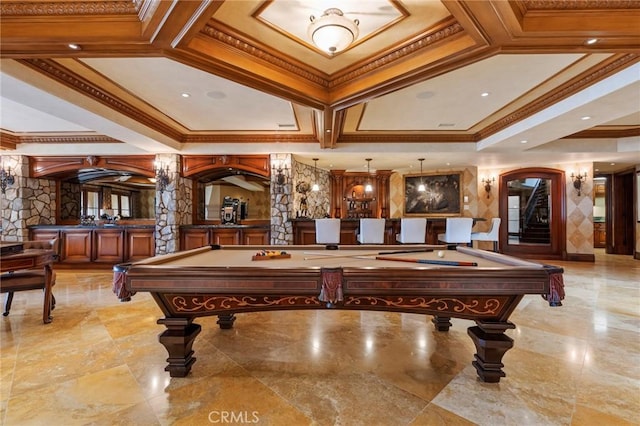 playroom featuring arched walkways, crown molding, and pool table