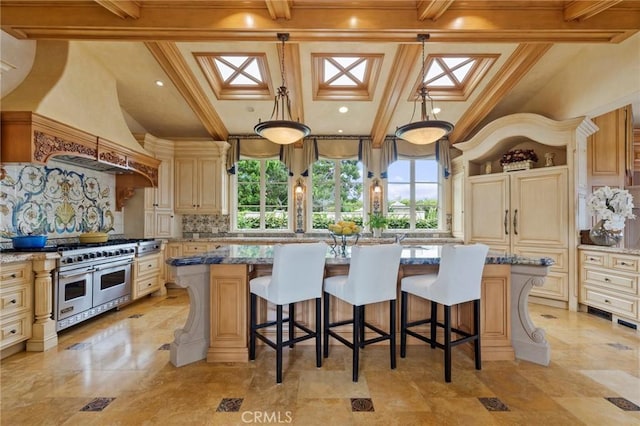 kitchen featuring a skylight, premium range hood, beamed ceiling, double oven range, and open shelves