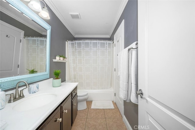 full bathroom with tile patterned floors, shower / bath combo, toilet, vanity, and visible vents