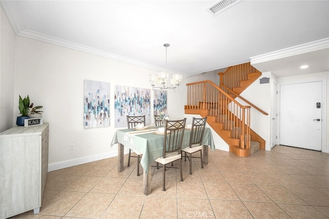 dining room featuring stairway, light tile patterned floors, ornamental molding, and a notable chandelier