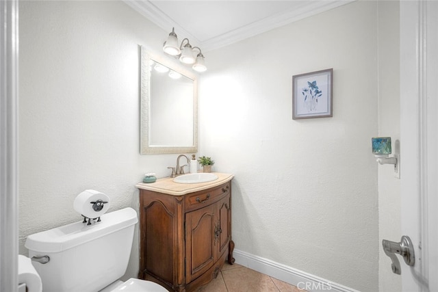 half bath featuring tile patterned flooring, toilet, vanity, baseboards, and crown molding