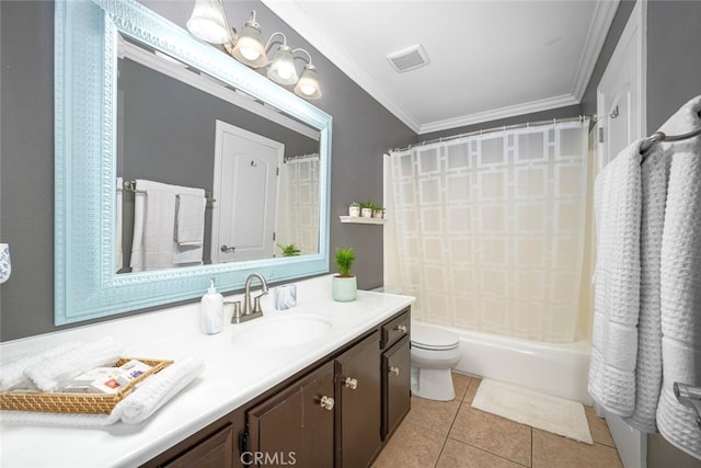 full bath featuring visible vents, toilet, ornamental molding, vanity, and tile patterned flooring