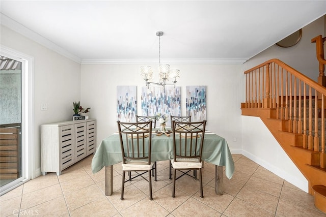 dining space featuring stairs, tile patterned flooring, a chandelier, ornamental molding, and baseboards