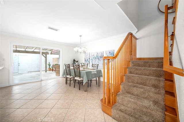 dining area featuring stairway, a chandelier, light tile patterned flooring, visible vents, and ornamental molding