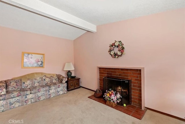 carpeted living room featuring a brick fireplace, vaulted ceiling with beams, baseboards, and a textured ceiling