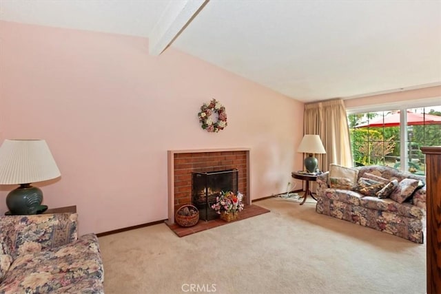 living room with a fireplace, lofted ceiling with beams, and carpet floors