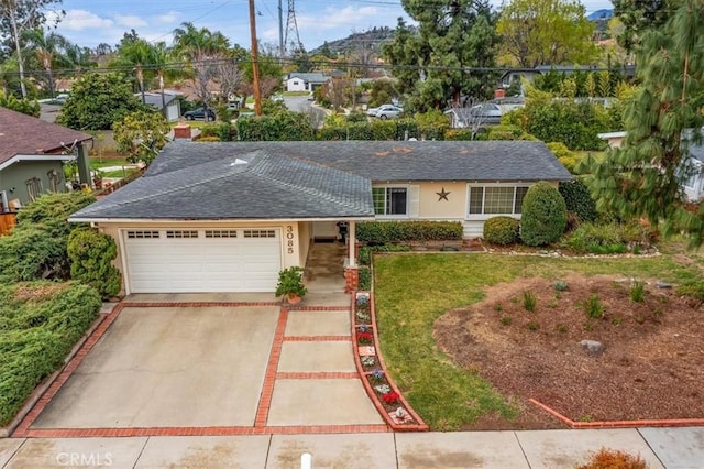 single story home featuring concrete driveway, a garage, roof with shingles, and stucco siding