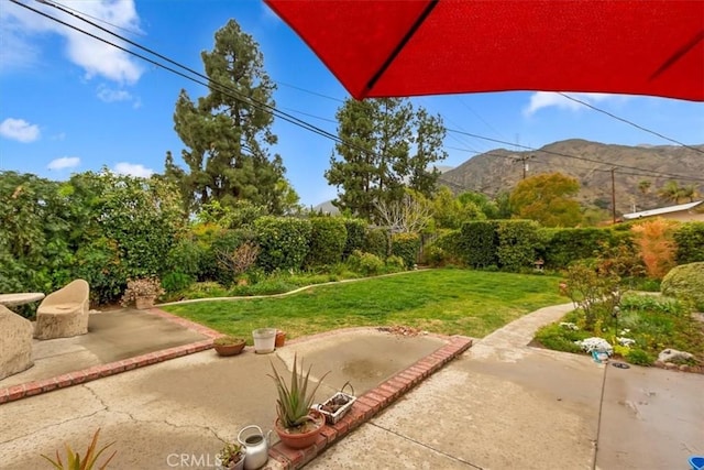 view of yard featuring a mountain view and a patio