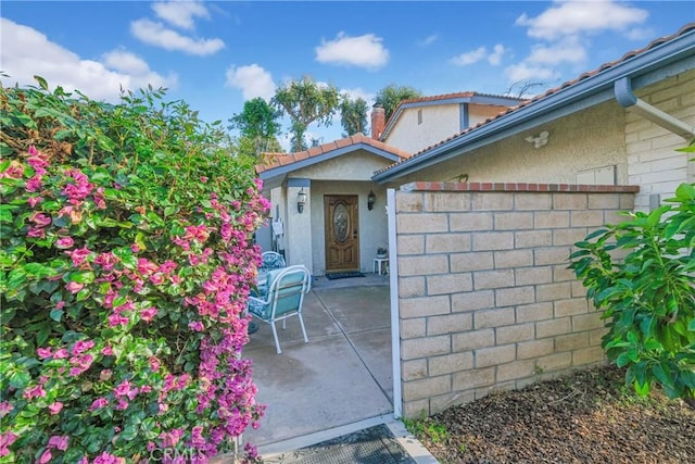 doorway to property featuring a patio area and stucco siding