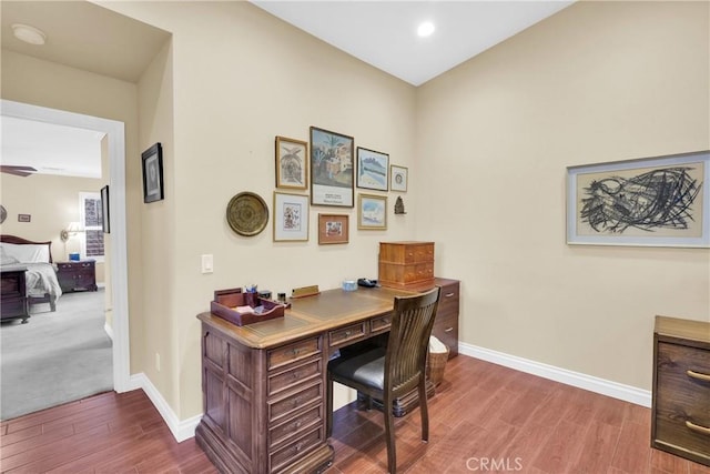 office with recessed lighting, baseboards, and wood finished floors