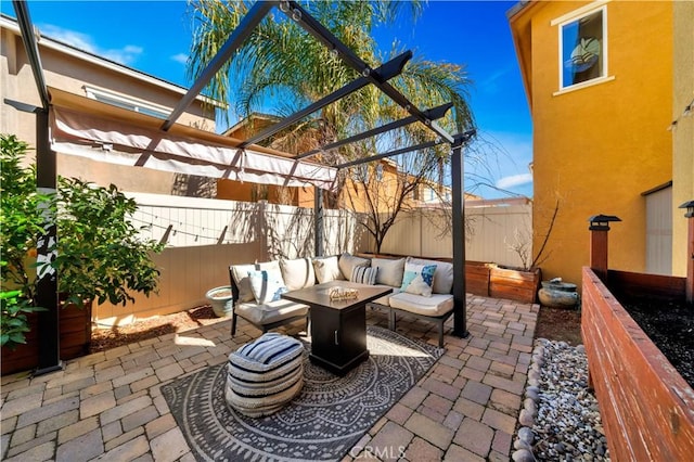 view of patio with a fenced backyard and an outdoor hangout area