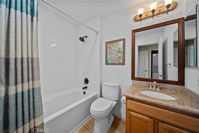 bathroom featuring toilet, tile patterned floors, shower / tub combo with curtain, and vanity