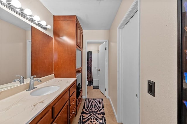 44680 La Paz Rd, Temecula, CA 92592 - bathroom featuring tile patterned flooring, baseboards, vanity, and a shower with shower curtain