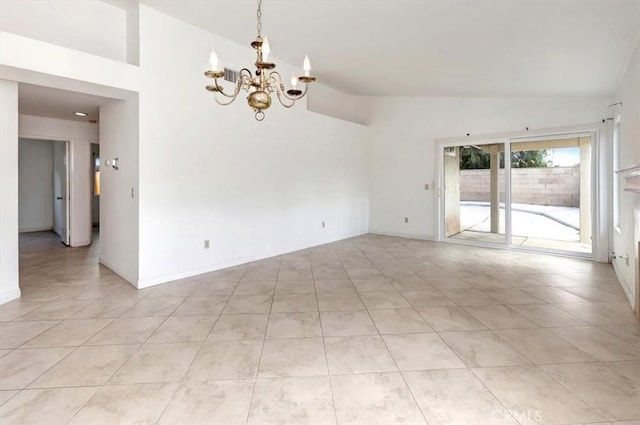 spare room featuring light tile patterned floors, baseboards, high vaulted ceiling, and a chandelier