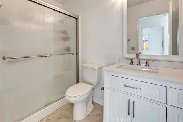 full bath with vanity, toilet, a shower stall, and tile patterned flooring