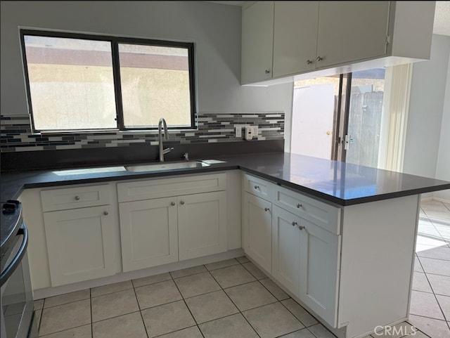 kitchen with a peninsula, a sink, white cabinets, electric stove, and dark countertops